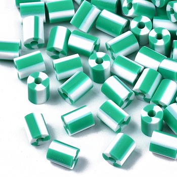 Handmade Polymer Clay Beads,  3 Tone, Column, Medium Sea Green, 5x2.5~6.5mm, Hole: 1.8mm
