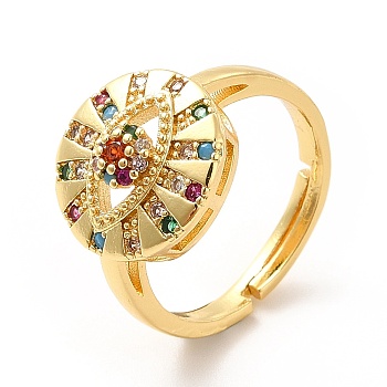 Colorful Cubic Zirconia Evil Eye Adjustable Ring, Brass Jewelry for Women, Real 18K Gold Plated, US Size 7 3/4(17.9mm)
