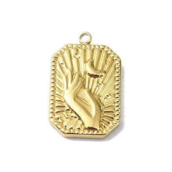 Ion Plating(IP) 304 Stainless Steel Pendants, Rectangle with Hand Charm, Real 18K Gold Plated, 19.5x12x2.5mm, Hole: 1.6mm