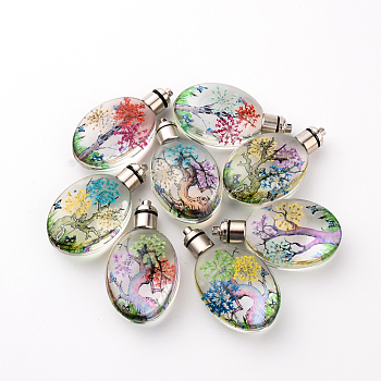 Glass Luminous Big Pendants, Cadmium Free & Lead Free, with Dried Flower Inside, Built-in Battery, with Alloy Findings, Oval with Tree of Life Pattern, Platinum, Mixed Color, 53x29.5x17mm, Hole: 1.5mm