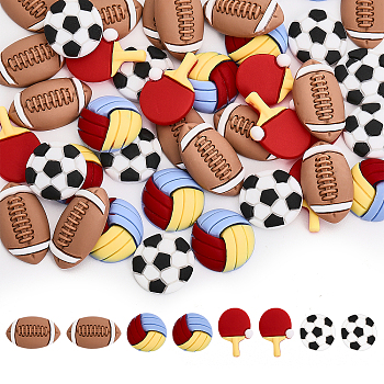 64Pcs 4 Styles Sports Theme Opaque Resin Cabochons, Rugby & Volleyball & Table Tennis & Football Pattern, Sports Themed Pattern, 17~24x14~17x3.5~5.5mm, 16pcs/style