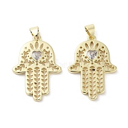 Rack Plating Hamsa Hand Brass Micro Pave Cubic Zirconia Pendants, Cadmium Free & Lead Free, Long-Lasting Plated, Real 18K Gold Plated, Clear, 27.5x19x2mm, Hole: 3.5x4mm(KK-E102-13G)