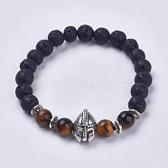 Natural Lava Rock Stretch Bracelets, with Tiger Eye Beads and Tibetan Style Alloy Beads, Gladiator Helmet, 2-1/8 inch(55mm)(BJEW-F280-A04)
