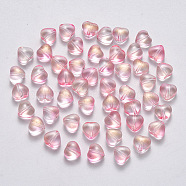 Transparent Spray Painted Glass Beads, with Glitter Powder, Heart, Pearl Pink, 6x6x4mm, Hole: 0.7mm(X-GLAA-R211-02-B04)