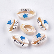 Printed Cowrie Shell Beads, No Hole/Undrilled, Sea Turtle & ZANTE Pattern, Dodger Blue, 18~21x11~14x6~8mm(SHEL-S276-12B)