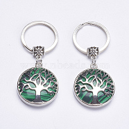 Synthetic Gemstone Keychain, with Brass Finding, Flat Round with Tree of Life, 64mm(KEYC-G043-C05)