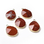 Natural Red Jasper Pendants, with Brass Findings, Faceted, Drop, Golden, 31~35x20~25x7~9mm, Hole: 2.5mm(G-I207-14P-G)