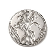 304 Stainless Steel Pendants, Flat Round with Map Charms, Stainless Steel Color, 20x2mm, Hole: 1.8mm(STAS-R223-16)