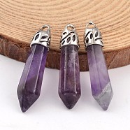 Bullet Natural Amethyst Pendants, with Platinum Tone Alloy Findings, 33~40x8~10mm, Hole: 3x2mm(X-G-E332-C08)