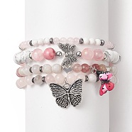 Gemstone Beaded Stretch Bracelets Sets, Alloy Butterfly Charms Bracelets for Women, Inner Diameter: 2-1/8 inch(5.4cm), 4pcs/set(BJEW-JB09283)
