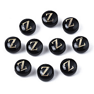 Handmade Lampwork Beads, with Golden Plated Brass Etched Metal Embellishments, Flat Round with Alphabet, Letter.Z, 8x5mm, Hole: 0.8mm(LAMP-S196-001Z)