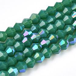 Opaque Solid Color Electroplate Glass Beads Strands, AB Color Plated, Faceted, Bicone, Sea Green, 2.9~3.3x2.5mm, Hole: 0.7mm, about 145~150pcs/strand, 16.34~16.54 inch(41.5~42cm)(EGLA-A039-P2mm-L07)