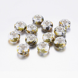 Large Hole Rondelle Resin European Beads, with Silver Color Plated Brass Cores, Dark Khaki, 14x9mm, Hole: 5mm(RPDL-P003-A017)
