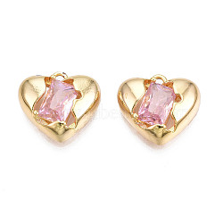 Brass Inlaid Cubic Zirconia Charms, Real 18K Gold Plated, Heart, Pearl Pink, 11x12x3.5mm, Hole: 1mm(KK-N231-292)