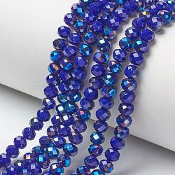 Electroplate Opaque Solid Color Glass Beads Strands, Half Plated, Blue Plated, Faceted, Rondelle, Blue, 8x6mm, Hole: 1mm, about 65~68pcs/strand, 15.7~16.1 inch(40~41cm)(EGLA-A034-P8mm-I14)