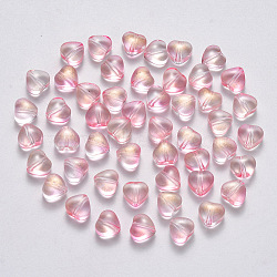 Transparent Spray Painted Glass Beads, with Glitter Powder, Heart, Pearl Pink, 6x6x4mm, Hole: 0.7mm(X-GLAA-R211-02-B04)