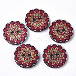 2-Hole Printed Wooden Buttons, Flat Round with Floral Pattern, Undyed, Medium Violet Red, 20x2.5~3mm, Hole: 2mm(X-BUTT-ZX004-01A-05)