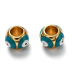 Brass European Enamel Beads, Long-Lasting Plated, Real 18K Gold Plated, Large Hole Beads, Round with Evil Eye, Dark Turquoise, 9x8.5x6mm, Hole: 4mm(KK-B028-25G-A)