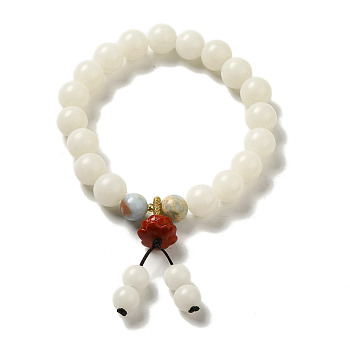 Round Natural White Jade Stretch Bracelets, with Lotus Cinnabar and Natural Shoushan Stone , Inner Diameter: 5.5cm