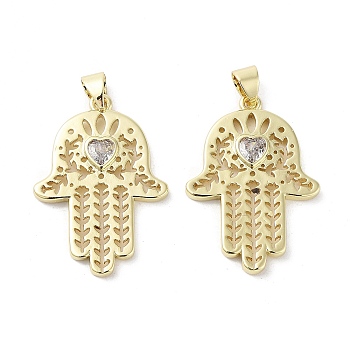 Rack Plating Hamsa Hand Brass Micro Pave Cubic Zirconia Pendants, Cadmium Free & Lead Free, Long-Lasting Plated, Real 18K Gold Plated, Clear, 27.5x19x2mm, Hole: 3.5x4mm