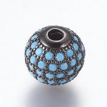 Brass Micro Pave Cubic Zirconia Beads, Round, Gunmetal, Light Sky Blue, 10mm, Hole: 2mm
