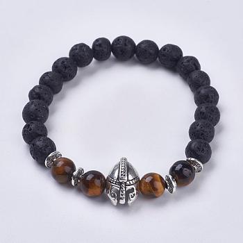 Natural Lava Rock Stretch Bracelets, with Tiger Eye Beads and Tibetan Style Alloy Beads, Gladiator Helmet, 2-1/8 inch(55mm)