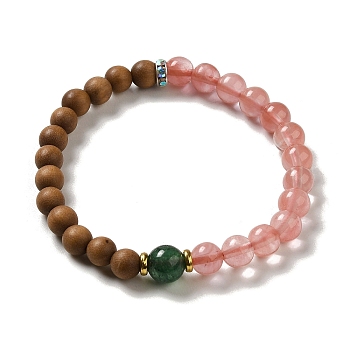 6mm Round Sandalwood and Cherry Quartz Glass Beaded Stretch Bracelets, with Alloy and Glass Rhinestone Beads, Inner Diameter: 1-7/8 inch(4.9cm)
