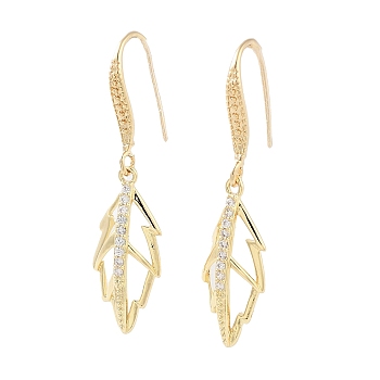 Brass with Glass Dangle Earrings, Leaf, Light Gold, 39.5x9mm