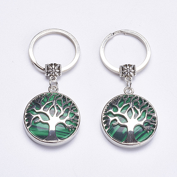 Synthetic Gemstone Keychain, with Brass Finding, Flat Round with Tree of Life, 64mm