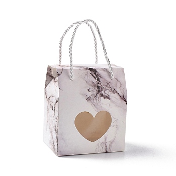 Rectangle Paper Gift Boxes with Handle Rope, Clear Heart Window Box for Gift Wrapping, Marble Pattern, 6.65x6.7x10cm