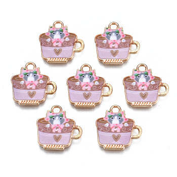 Rack Plating Alloy Enamel Charms, Free & Nickel Free & Lead Free, Cup with Cat, Plum, 15x15x1.9mm, Hole: 1.8mm