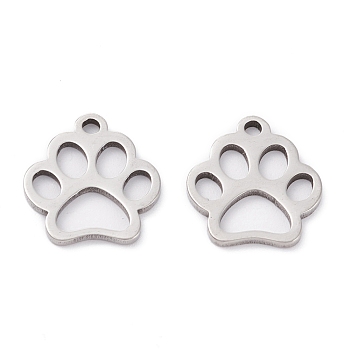 201 Stainless Steel Pendants, Laser Cut, Manual Polishing, Paw Print, Stainless Steel Color, 13x12x1mm, Hole: 1.4mm