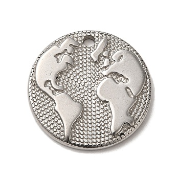 304 Stainless Steel Pendants, Flat Round with Map Charms, Stainless Steel Color, 20x2mm, Hole: 1.8mm