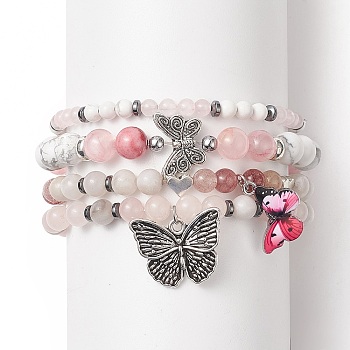 Gemstone Beaded Stretch Bracelets Sets, Alloy Butterfly Charms Bracelets for Women, Inner Diameter: 2-1/8 inch(5.4cm), 4pcs/set