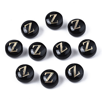 Handmade Lampwork Beads, with Golden Plated Brass Etched Metal Embellishments, Flat Round with Alphabet, Letter.Z, 8x5mm, Hole: 0.8mm