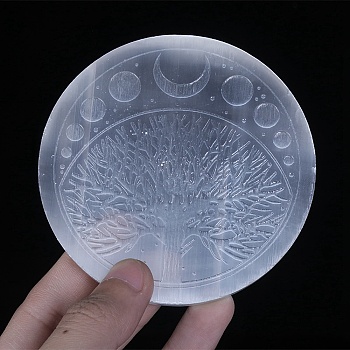 Natural Selenite Charging Plate, Healing Stones Ornaments for Home Office Table Decoration, Tree, 100mm