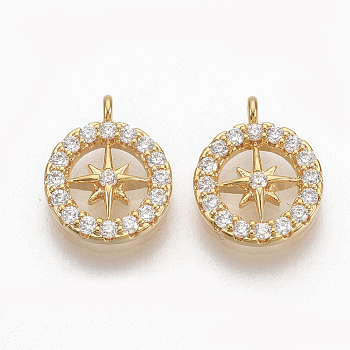 Brass Micro Pave Clear Cubic Zirconia Charms, Nickel Free, Flat Round with Star, Real 18K Gold Plated, 10.5x8.5x1.5mm, Hole: 1mm