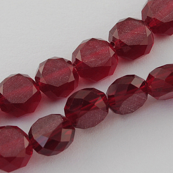 Frosted Glass Bead Strands, Faceted, Flat Round, Dark Red, 10x7mm, Hole: 1mm