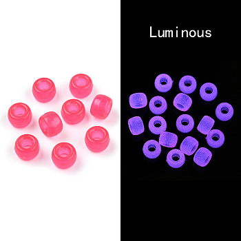Transparent & Luminous Plastic Beads, Frosted, Glow in the Dark, Barrel, Deep Pink, 9x6mm, Hole: 3.8mm, about 1900pcs/500g