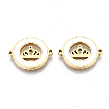 304 Stainless Steel Enamel Links Connectors, Laser Cut, Flat Round with Crown, White, Golden, 14.5x18.5x2mm, Hole: 1.2mm