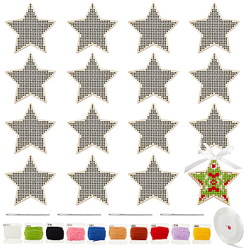 DIY Cross-Stitch Kits, Including Wooden Needlecraft Cross-stitch Embroidered Pendant Blanks, Embroidery Cord, ABS Plastic Knitting Needles, Polyester Ribbon, Star: 75x74.5x3.5mm, 16pcs