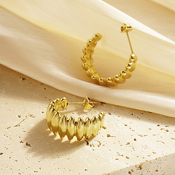 304 Stainless Steel Oval Beaded Ring Stud Earrings, Half Hoop Earrings, Real 18K Gold Plated, 21mm