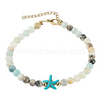 Ocean Dyed Synthetic Turquoise Starfish and Natural Flower Amazonite Round Beaded Anklets for Women, Golden, Turquoise, 9-1/8 inch(23cm)(AJEW-TA00060)