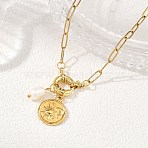 201 Stainless Steel Disc with Sun and Moon Pendant 304 Stainless Steel Paperclip Chain Necklaces with Natural Pearl Beads for Women, Ion Plating(IP), White, Golden, 18.70 inch(47.5cm)(NJEW-JN06328)