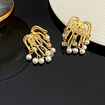 Firework Brass & Imitation Pearl Dangle Stud Earrings, Golden, 38x25mm(FS-WG9E3D9-01)