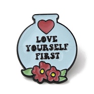 Inspirational Word Love Yourself First & Flower Enamel Pins, Black Alloy Badge for Women, Light Cyan, 33x28x2mm(JEWB-G032-01D)