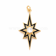Brass Micro Pave Clear Cubic Zirconia Pendants, with Enamel and Jump Ring, Cadmium Free & Nickel Free & Lead Free, Star, Real 16K Gold Plated, Black, 34.5x18x4mm, Jump Ring: 4.5x0.8mm, 2.9mm inner diameter(X-ZIRC-S067-071A-NR)