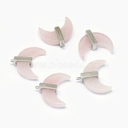 Natural Rose Quartz Pendants, with Long-Lasting Plated Brass Findings, Moon, Silver Color Plated, 21x22x7mm, Hole: 1.2mm(G-F584-I02-S)