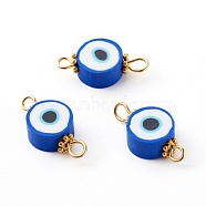Flat Round with Evil Eye Polymer Clay Links Connectors, with 304 Stainless Steel Eye Pins, Alloy Daisy Spacer Beads, Golden, Blue, 9~9.5x19~19.5x4.5~5mm, Hole: 2~2.5mm(PALLOY-JF00719)