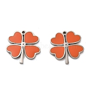 304 Stainless Steel Enamel Charms, Stainless Steel Color, Heart Clover Charms, Chocolate, 15x15x1.5mm, Hole: 1mm(STAS-L022-001P-01)